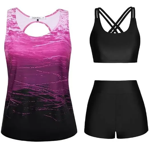 JASAMBAC 3-teiliger Tankini Damen Bauchweg, Push-up-Bikinioberteil und High Waist Badeshorts, einfache Badebekleidung, …