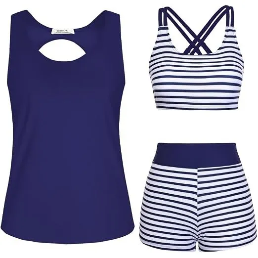 JASAMBAC 3-teiliger Tankini Damen Bauchweg, Push-up-Bikinioberteil und High Waist Badeshorts, einfache Badebekleidung, …