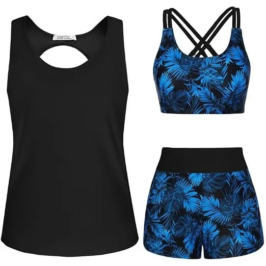 JASAMBAC 3-teiliger Tankini Damen Bauchweg, Push-up-Bikinioberteil und High Waist Badeshorts, einfache Badebekleidung, …