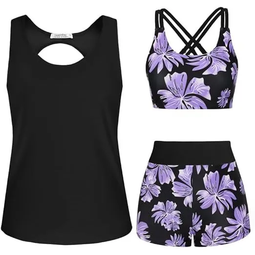 JASAMBAC 3-teiliger Tankini Damen Bauchweg, Push-up-Bikinioberteil und High Waist Badeshorts, einfache Badebekleidung, …