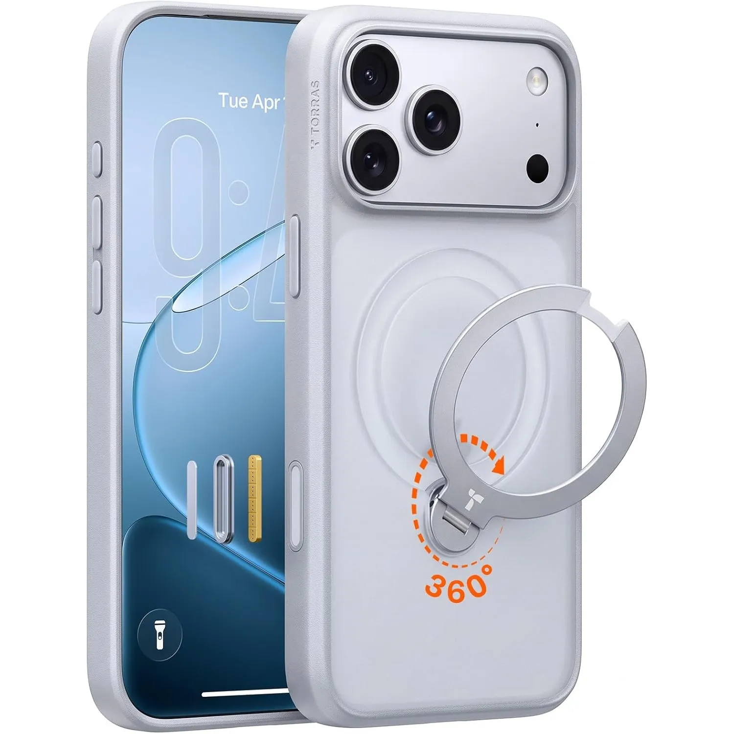 TORRAS Ostand Q3 Spin für iPhone 17 Pro Hülle mit 360° Ständer Silbergrau