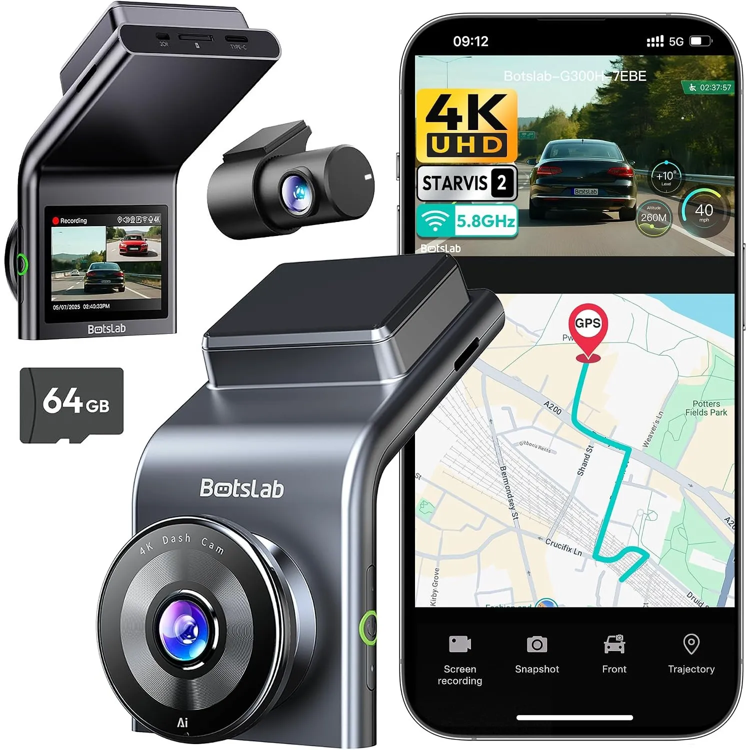 BOTSLAB 4K Dashcam Auto Vorne Hinten mit STARVIS 2, 4K+1080P,WDR Nachtsicht