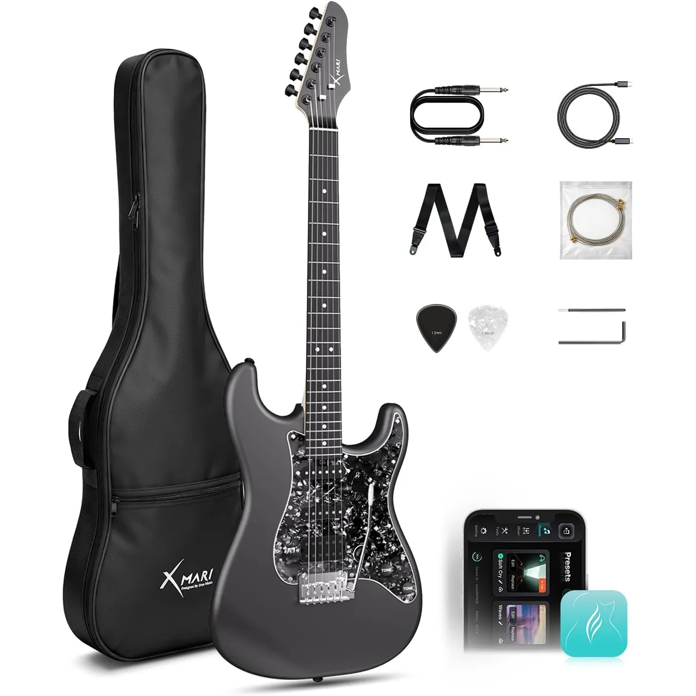 Enya X MARI Smarte E-Gitarre Set mit integrierten DSP-Effekten | Kohlefaser-Korpus, USB-C-Aufnahme, Kopfhörerausgang, 3…