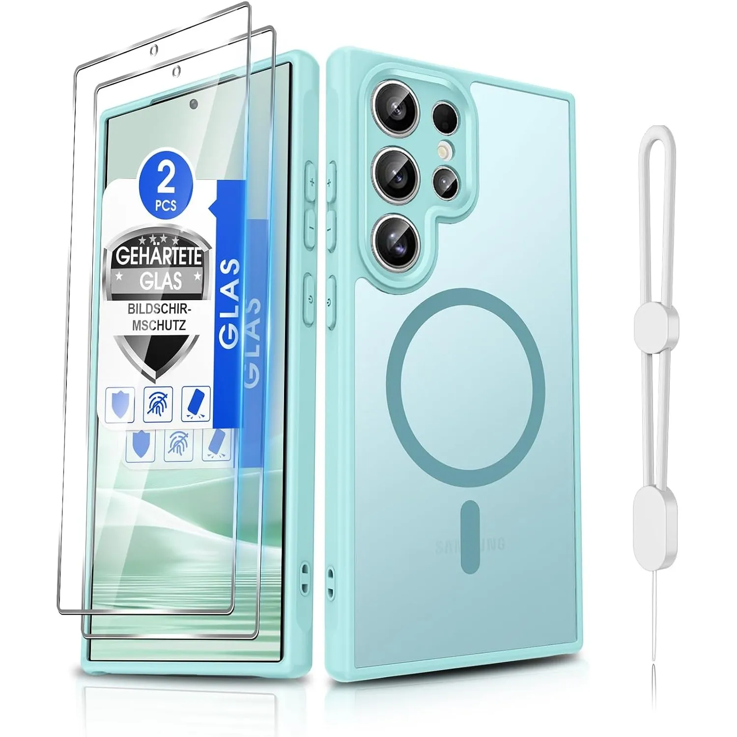 Dizn Magnetisch Hülle für Samsung Galaxy S24-Ultra: 2 Glass Panzerfolie, Camera Schutz, Kompatibel mit MagSafe, Matt Tr…
