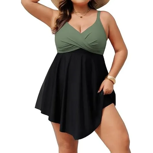 Hanna Nikole Badeanzug Damen Große Größen Bauchweg Badekleid Push Up Bademode Einteiler Strandkleid Crossover Badebekle…
