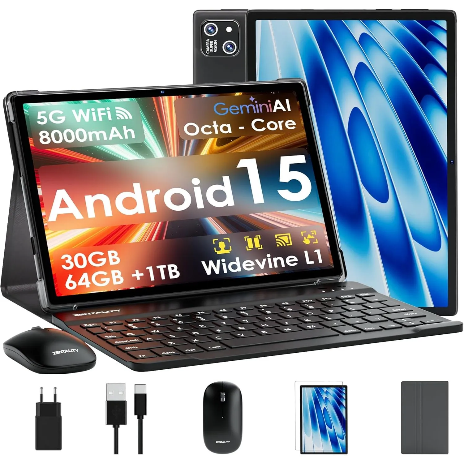 ZENTALITY 2026 Neuestes 10 Zoll Tablet Android 15 【30 GB RAM + 64 GB ROM+2TB】【Gemini AI】 Widevine L1, Octa Core, 8000 m…