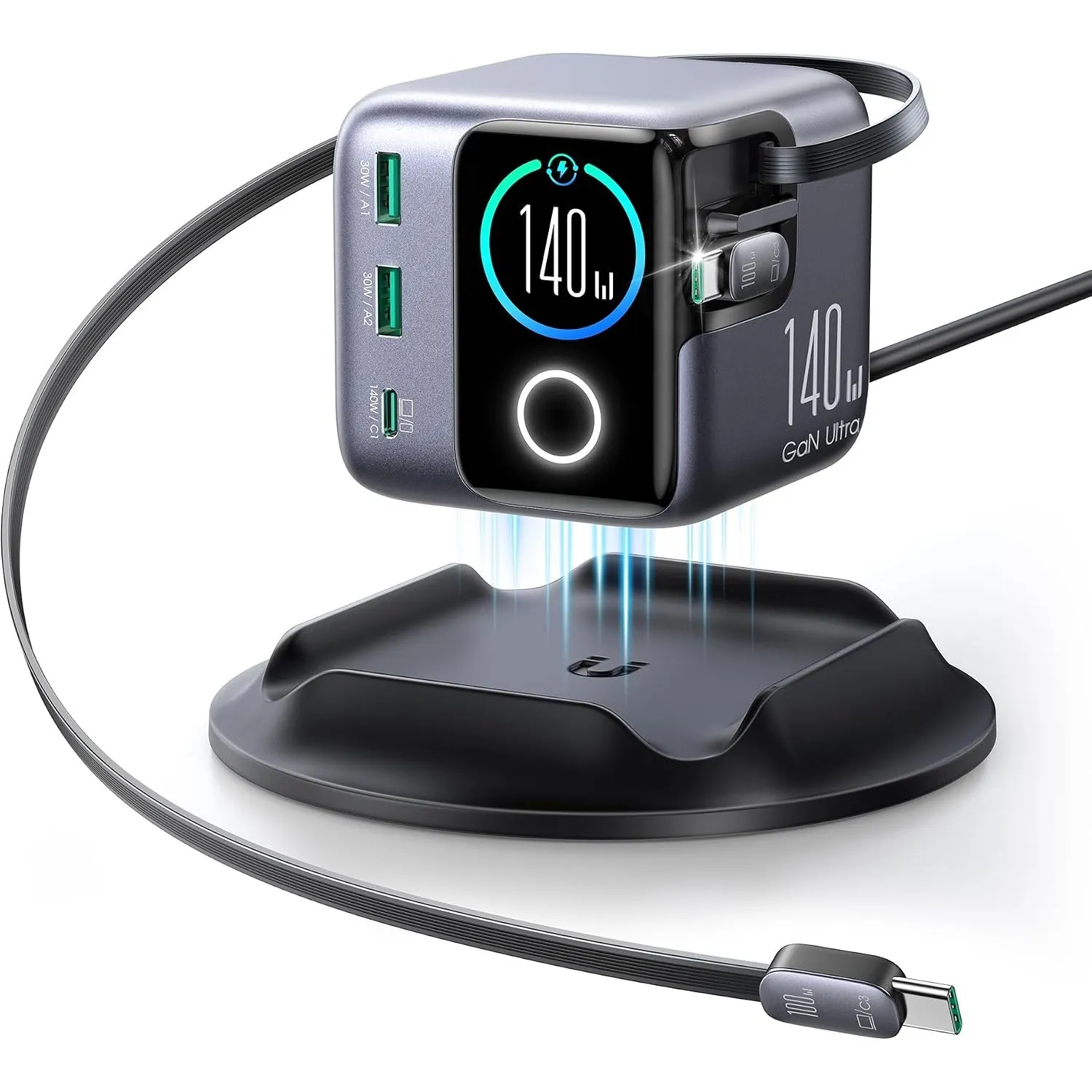 JOYROOM PODIX 140W Gan Ladestation, 5‑in‑1 mit 2 einziehbaren USB‑C‑Kabeln