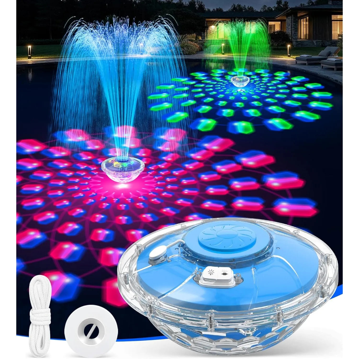 LanBlu Springbrunnen Pool Schwimmend mit Lichtshow, 8000 mAh Aufladbarer Akku Brunnen Pool Wasserfontäne mit Anker, 2 S…