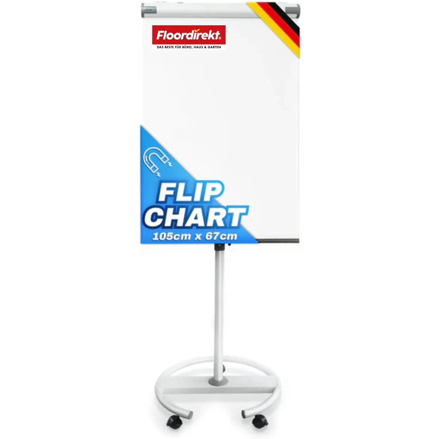 Floordirekt Flipchart mit Rollenfuß, Blockhalter & Seitenarmen - magnetisch & beschreibbar - freistehend & höhenverstel…