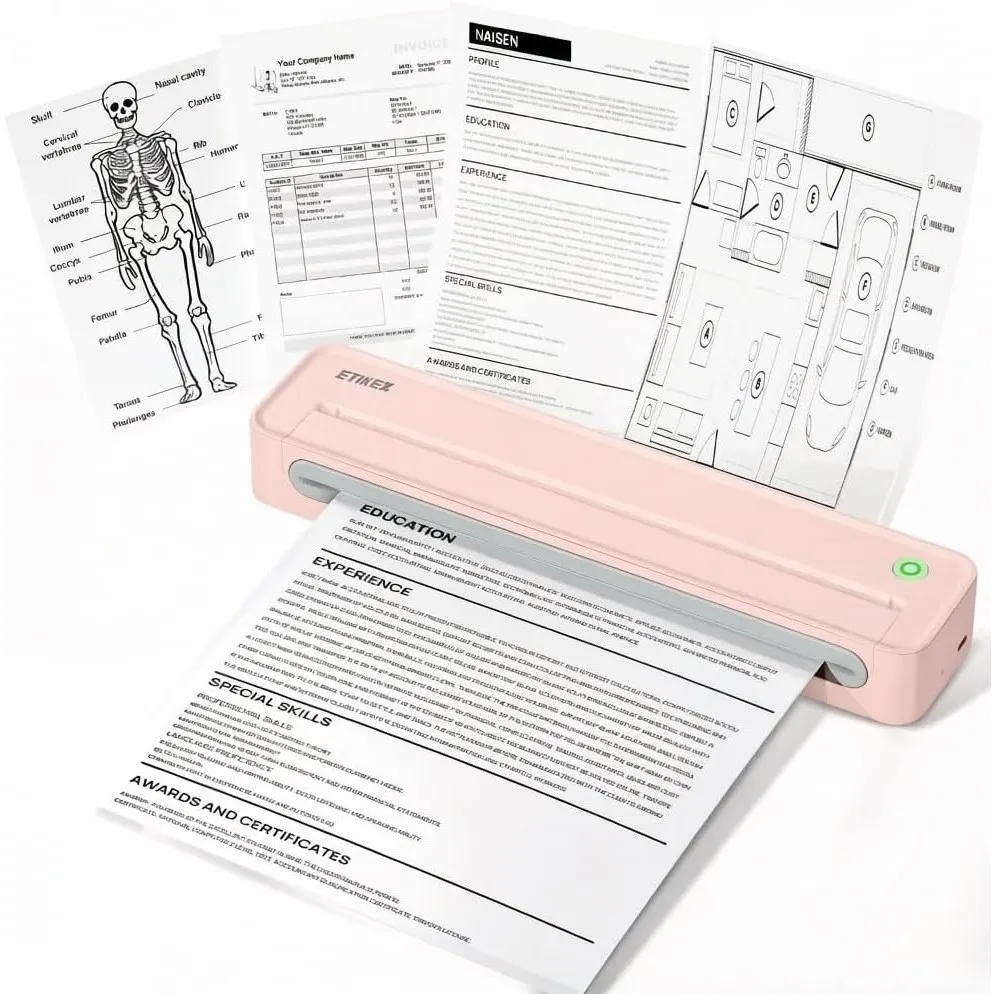 D90E Thermodrucker A4, Mobiler Tragbarer Drucker, Rosa | Mono-Thermodrucker für Unterwegs, Büro, Schule, kompatibel mit…