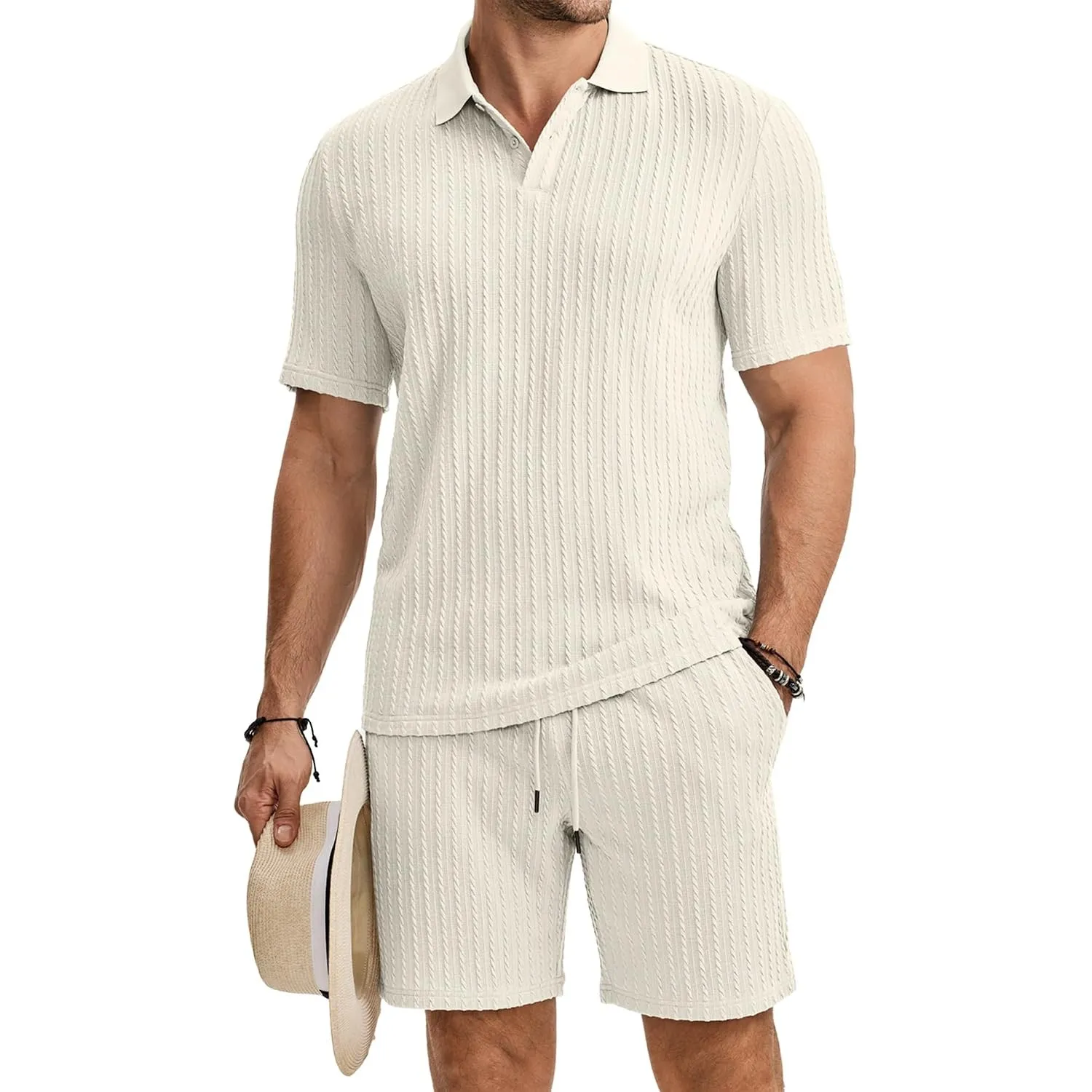 JMIERR Herren Jogginganzug Set Sommer Strick Einfarbig | 2 Teiliges,Textur Poloshirts Kurzarm,Einfarbig Strick,Kurze Ho…