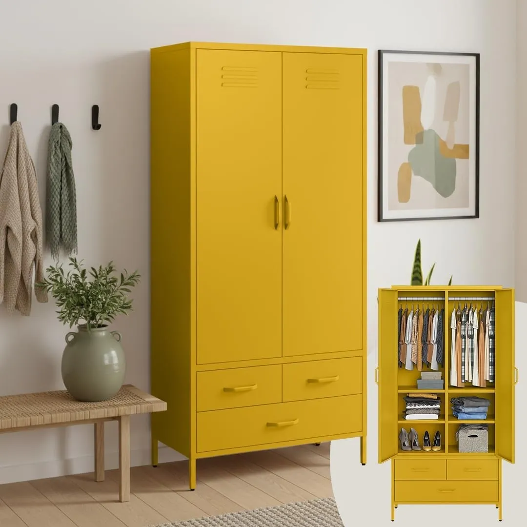 skølm Atria Kleiderschrank 80 cm, 6 Fächer, Senfgelb, Metall, 3 Schubladen