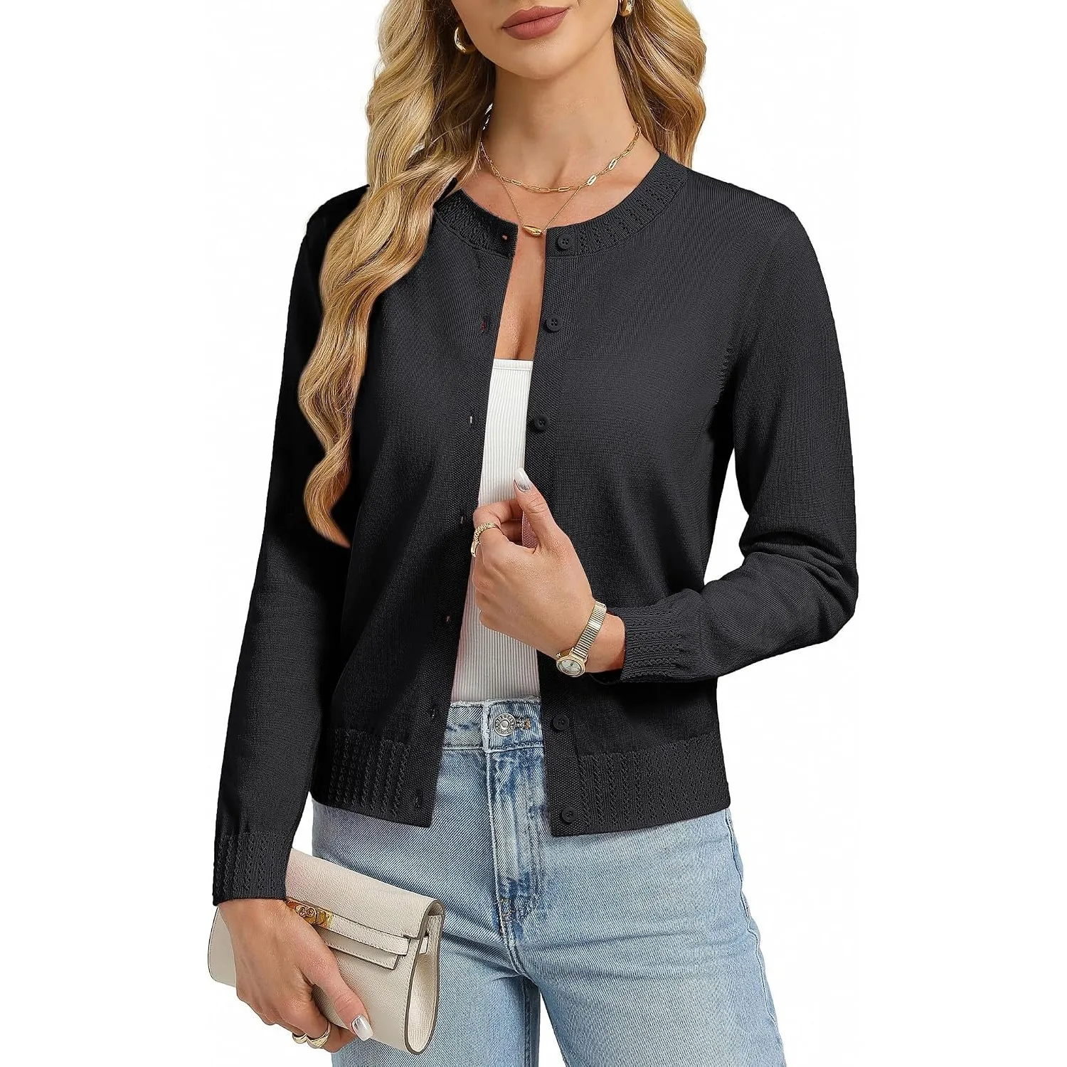 GRACE KARIN Rundhals Strickjacke Damen Langarm mit Knöpfe Cardigan Elegant