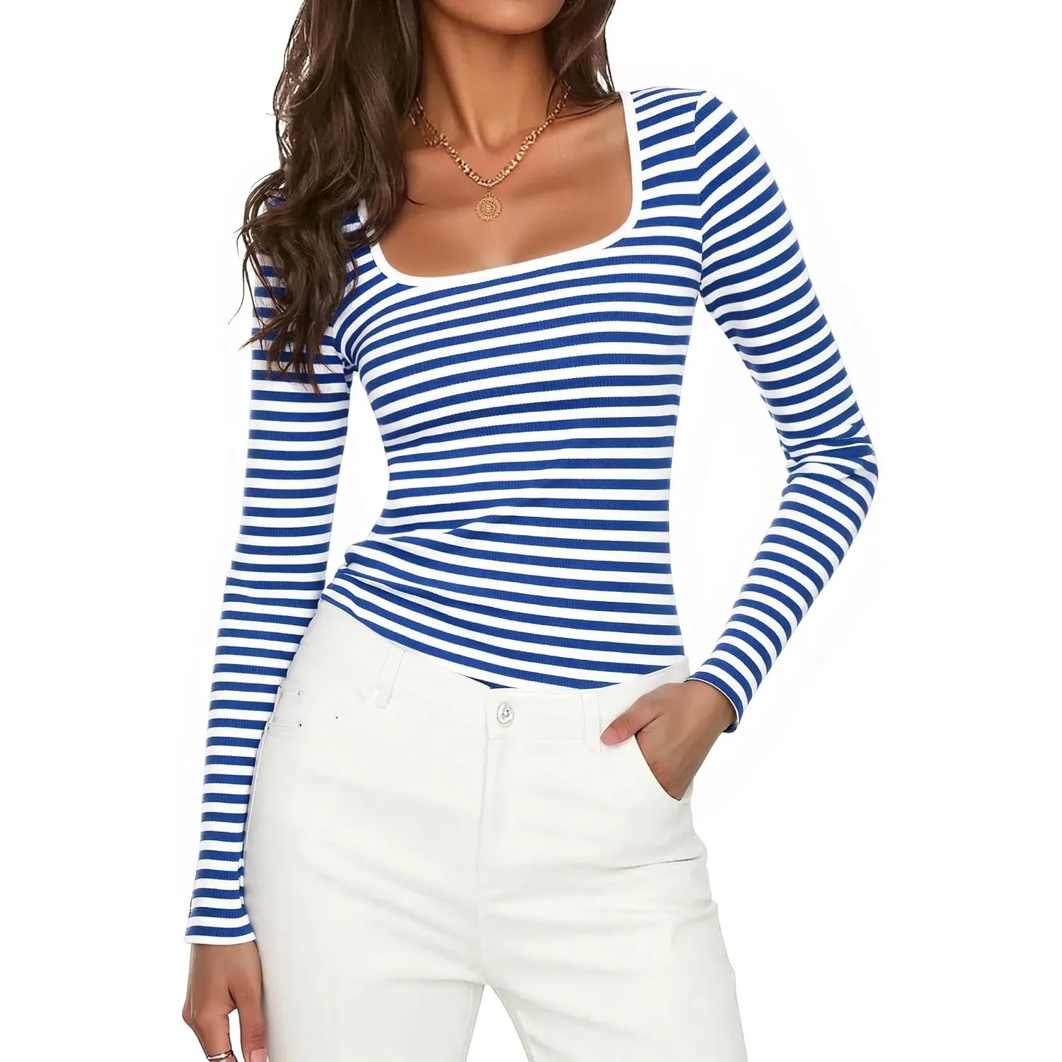 Aottori Langarmshirt Damen Eckiger Ausschnitt Gerippt Basic Shirt Langarm
