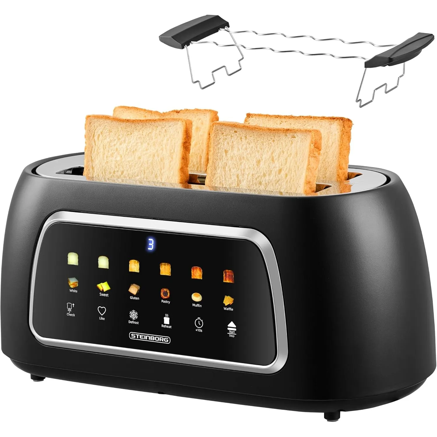 Steinborg® Automatik Toaster mit Brötchenaufsatz 4 Scheiben Automatische Liftfunktion ohne Hebel - Langschlitztoaster T…
