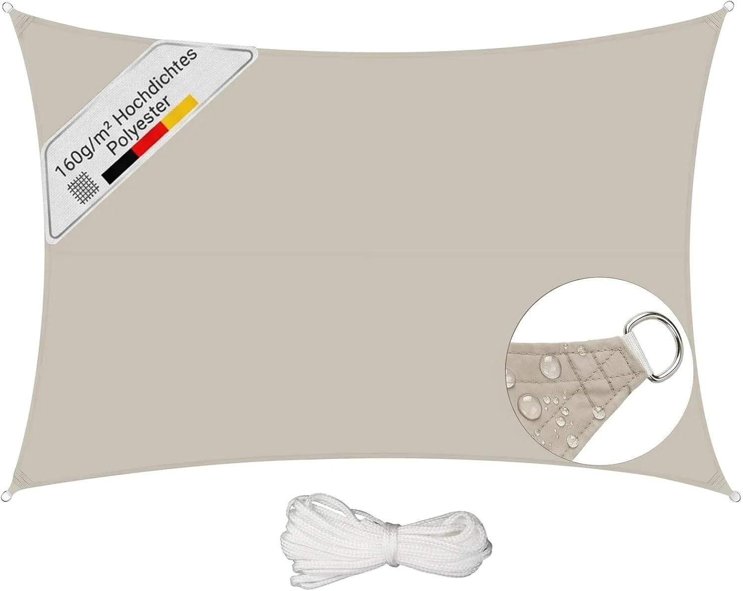 Sunula Waterproof Sun Sail, 3 x 5 m, Rectangular, High Density PES 160 g/m², with Circumferential Webbing & Stainless S…