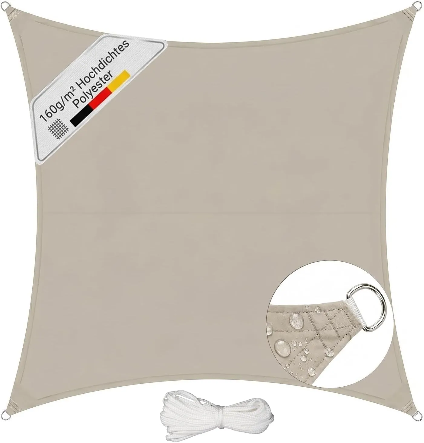 Sunula Waterproof Sun Sail, 4 x 4 m Square, High Density PES 160 g/m², with Circumferential Webbing & Stainless Steel R…