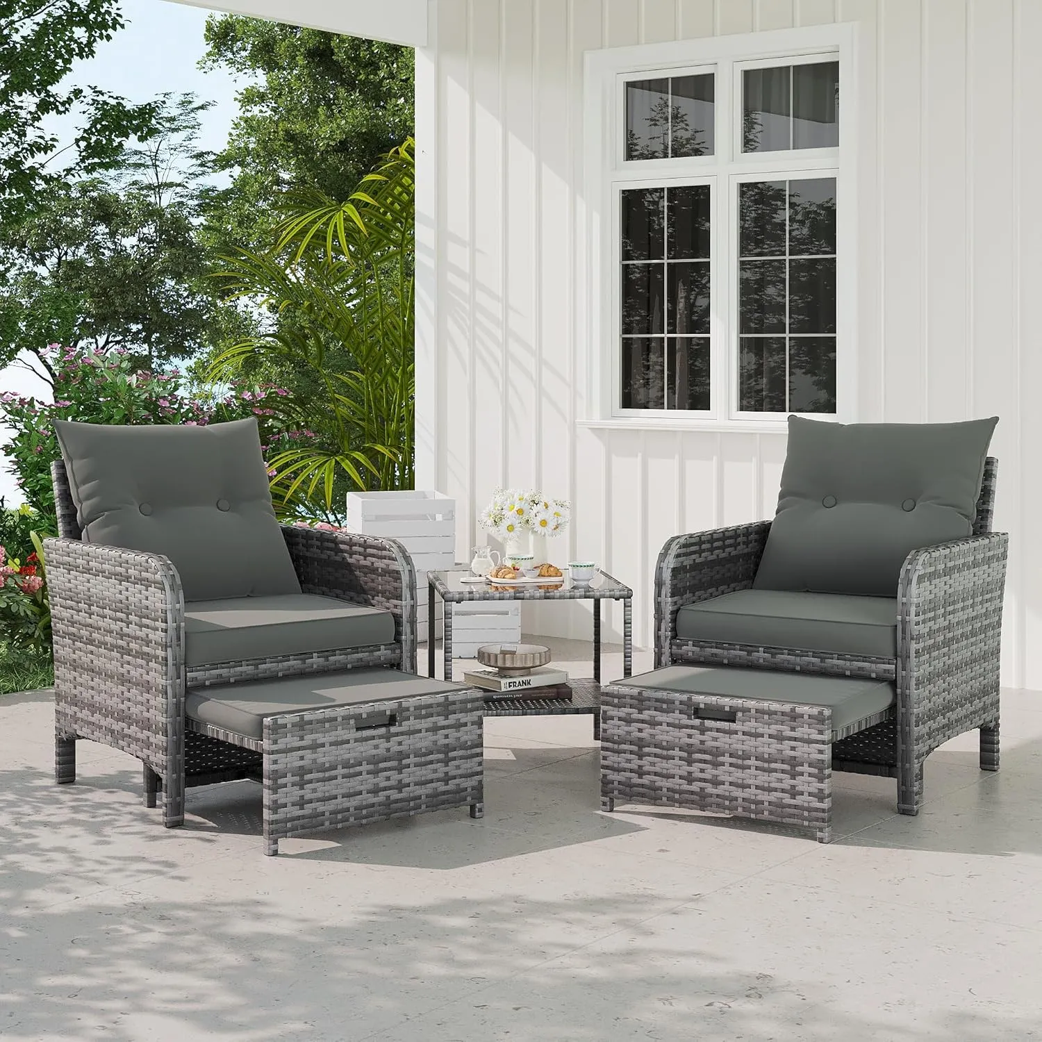 UDPATIO 5-TLG. Rattan Gartenmöbel Set, Balkonmöbel für Kleinen Balkon, inkl. 2 Gepolsterte Sessel, 2 Hocker, 2-stöckige…