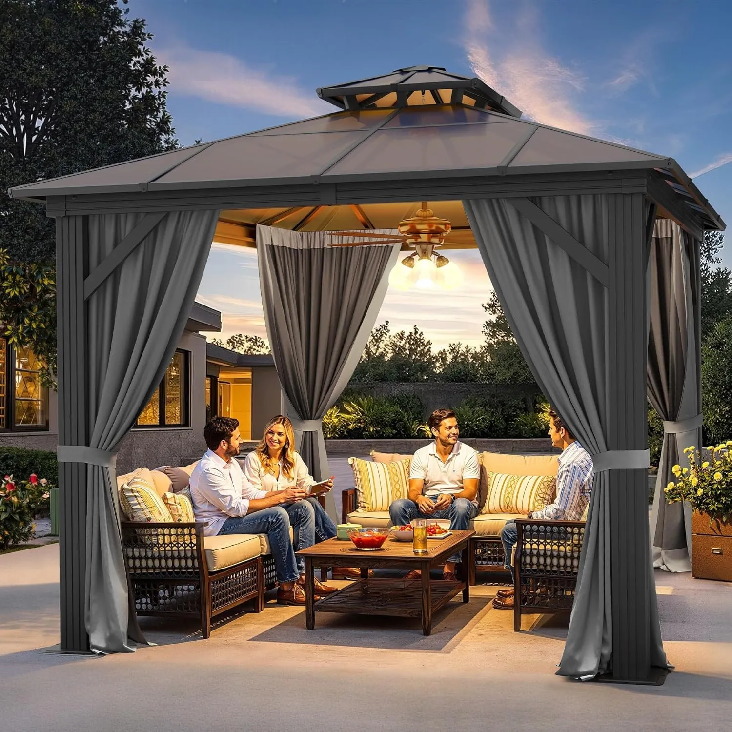 YITAHOME 3x3m Pavillon PolycarbonatDach,WasserdichtGartenpavillo mit Aluminium-Säule Net and Shaded Curtains für Garten…
