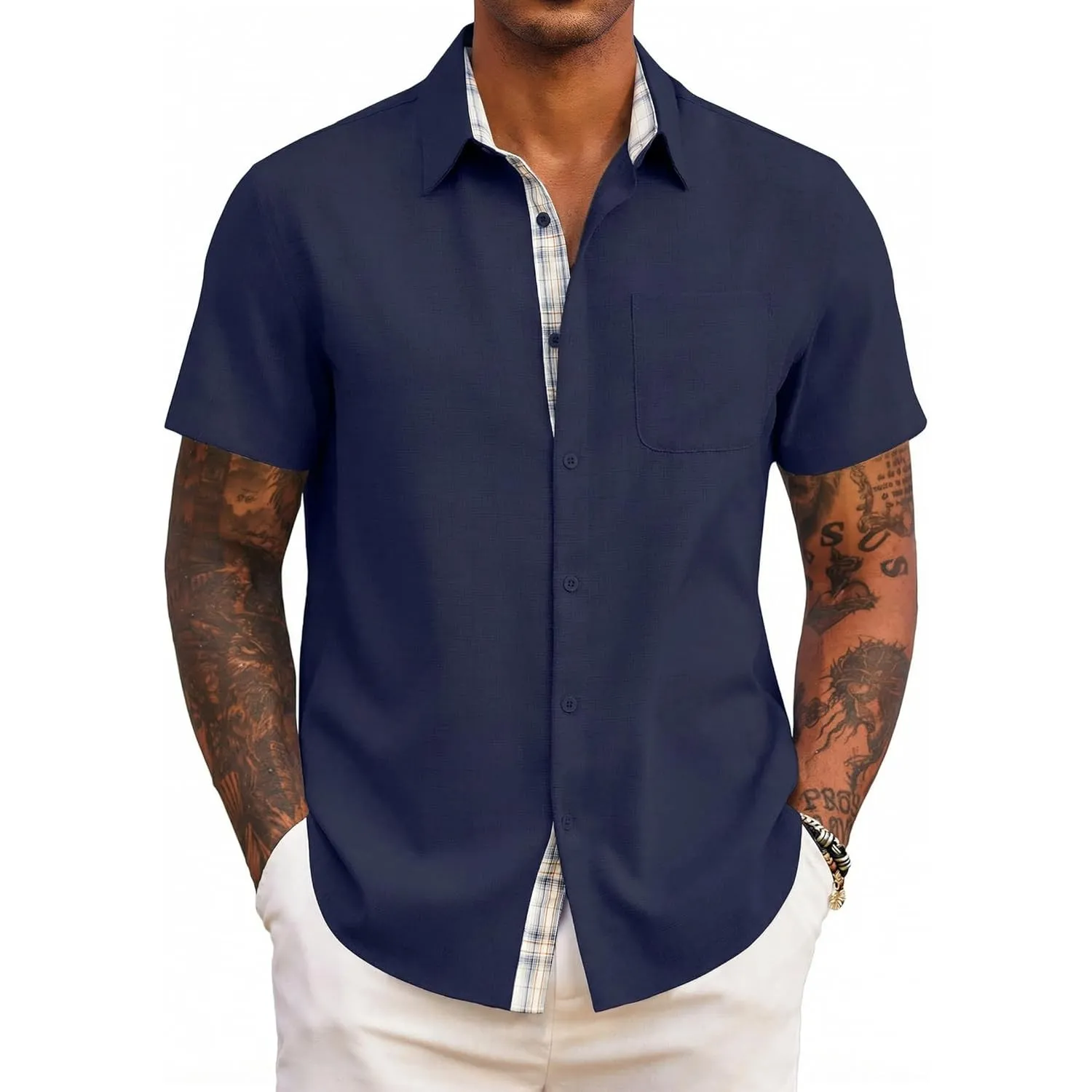 COOFANDY Herren Hemd Kurzarm Sommer Freizeithemd Regular Fit Casual Strand Hemd mit Karierte Hemdleiste