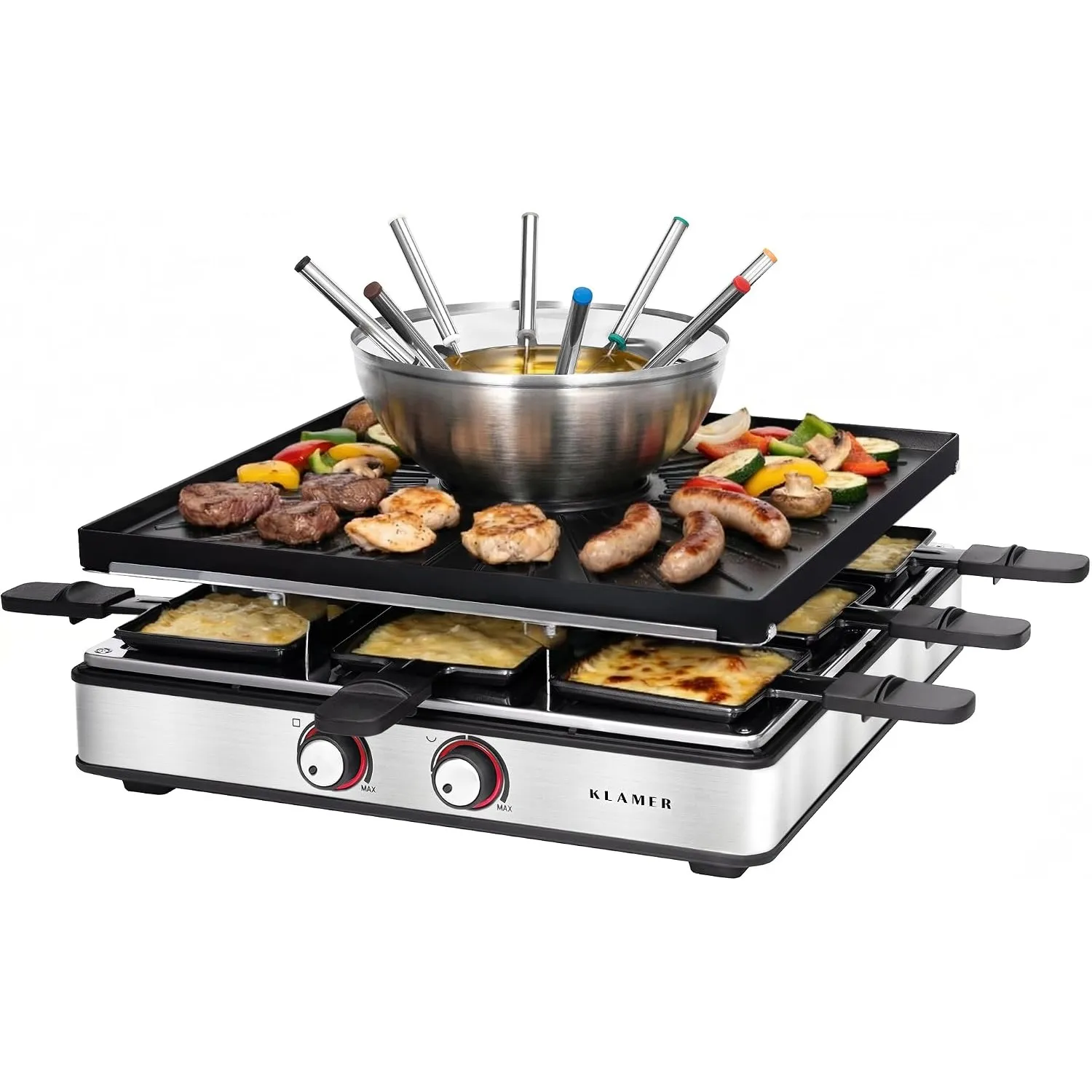 KLAMER Raclette Grill für 8 Personen mit Holzgestell und ILAG Beschichtung