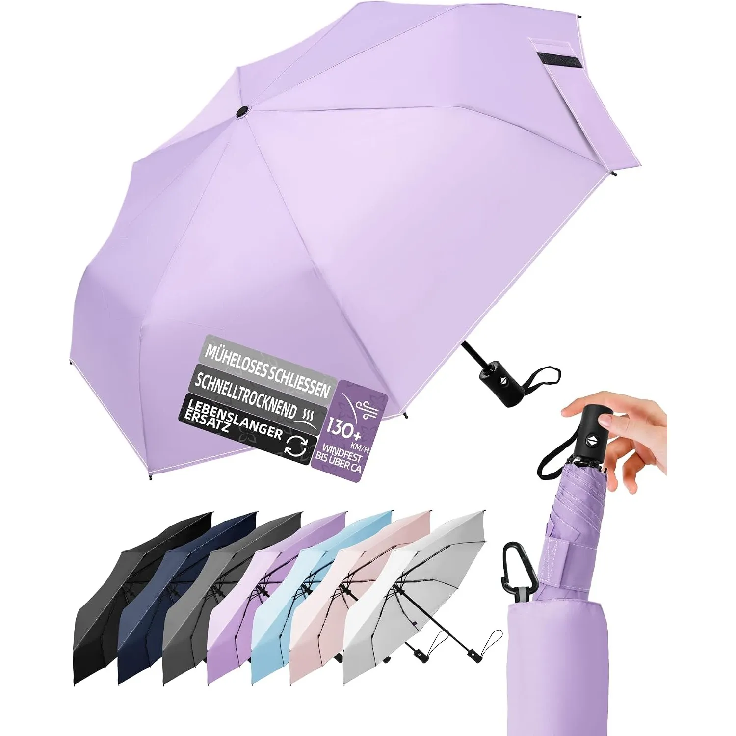 LILAC Regenschirm Klein Stabil Windfest, 110cm Taschenschirm Auf-Zu-Automatik, Kompakter Reiseschirm mit Klettverschlus…