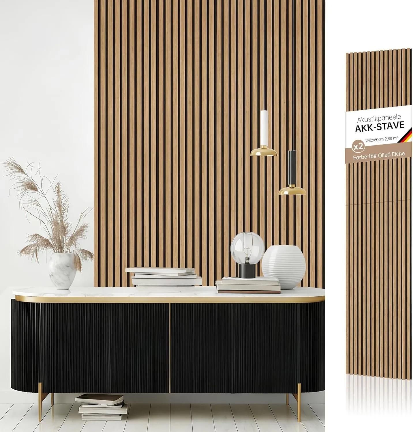 AKK-STAVE Wooden Acoustic Panels, 240 x 60 cm (Set of 2, 2.88 m²), Acoustic Panels & Wooden Panels Wall, Wood Veneer 3D…
