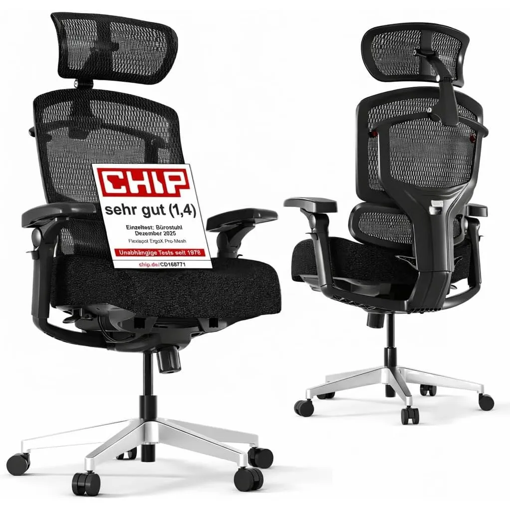 FLEXISPOT ErgoX Pro Ergonomischer Bürostuhl, 12-Fach höhenverstellbar, 7D-Armlehnen, 5D-Lendenstütze, 4D-Kopfstütze, 25…