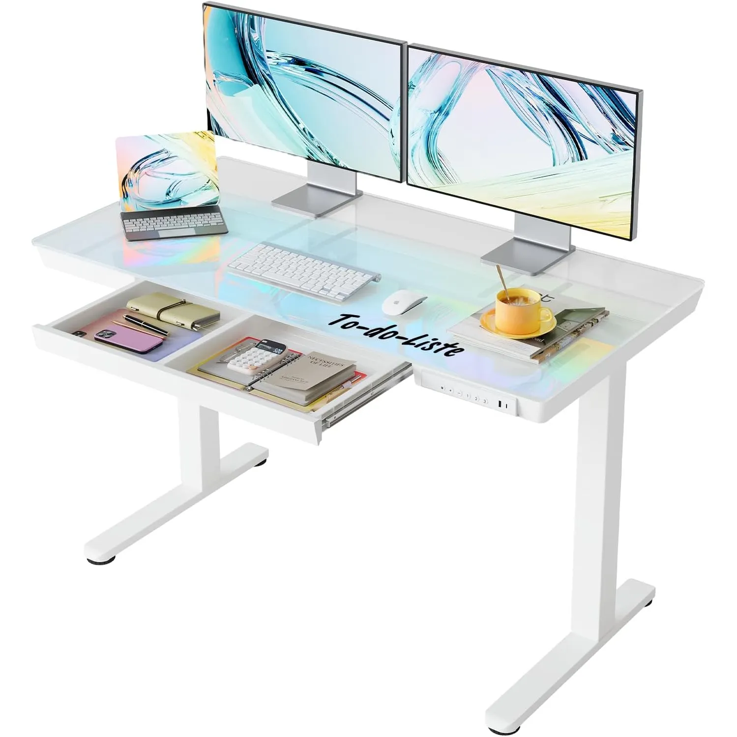 HUANUO Glas Höhenverstellbarer Schreibtisch mit Schublade, 120x60 cm, Weiß