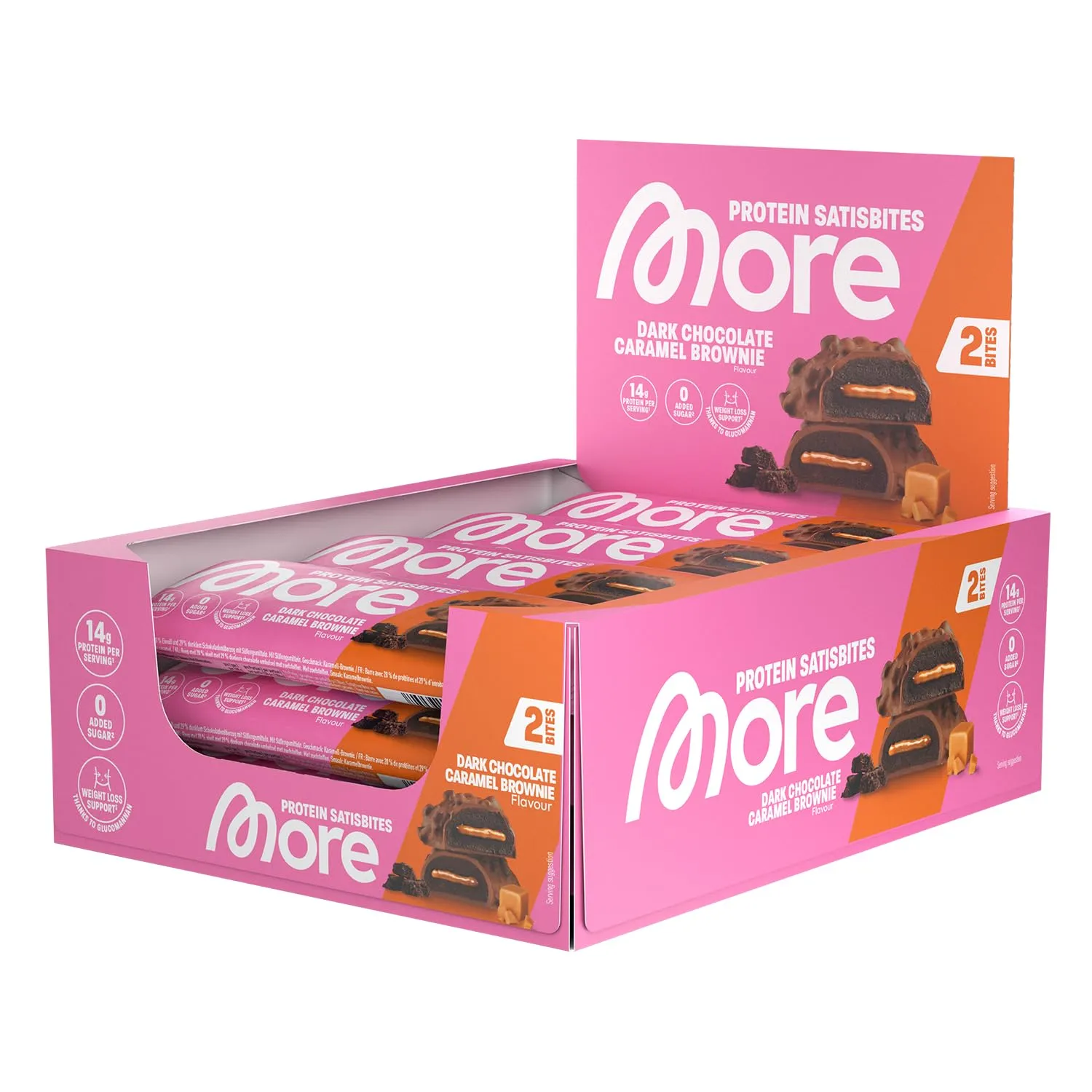 MORE Protein Satisbites, 12er Box Proteinriegel, 12 x 2 x 25 g, Dark Chocolate Caramel Brownie, bis zu 16 g Protein pro…