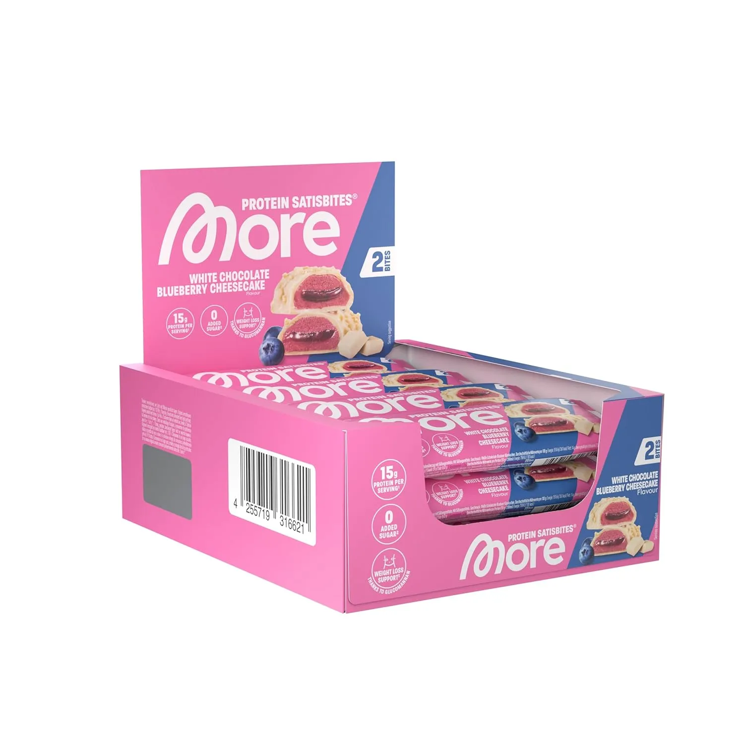 MORE Protein Satisbites, 12er Box Proteinriegel, 12 x 2 x 25 g, White Chocolate Blueberry Cheesecake, bis zu 16 g Prote…