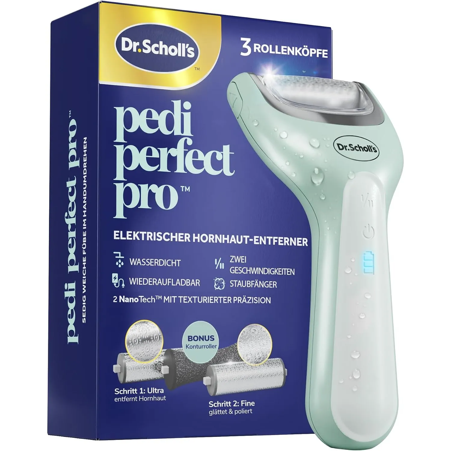 Dr. Scholl’s Pedi Perfect Pro Wasserdichter, Wiederaufladbarer, Elektrischer Fußhornhautentferner mit x3 Rollenköpfen –…