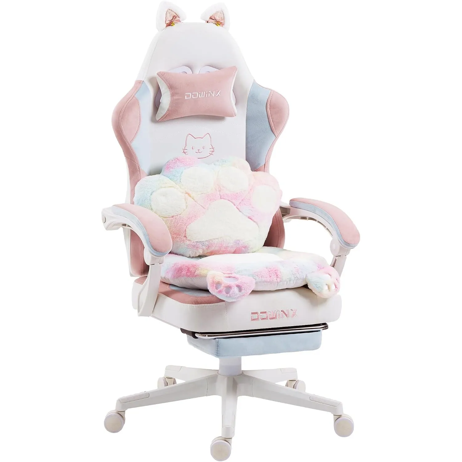 Dowinx Gaming Stuhl Ergonomisch mit Fußstütze, Katzenpfoten Gaming Chair aus Stoff, Flügelloses Sitzdesign, Verstellbar…