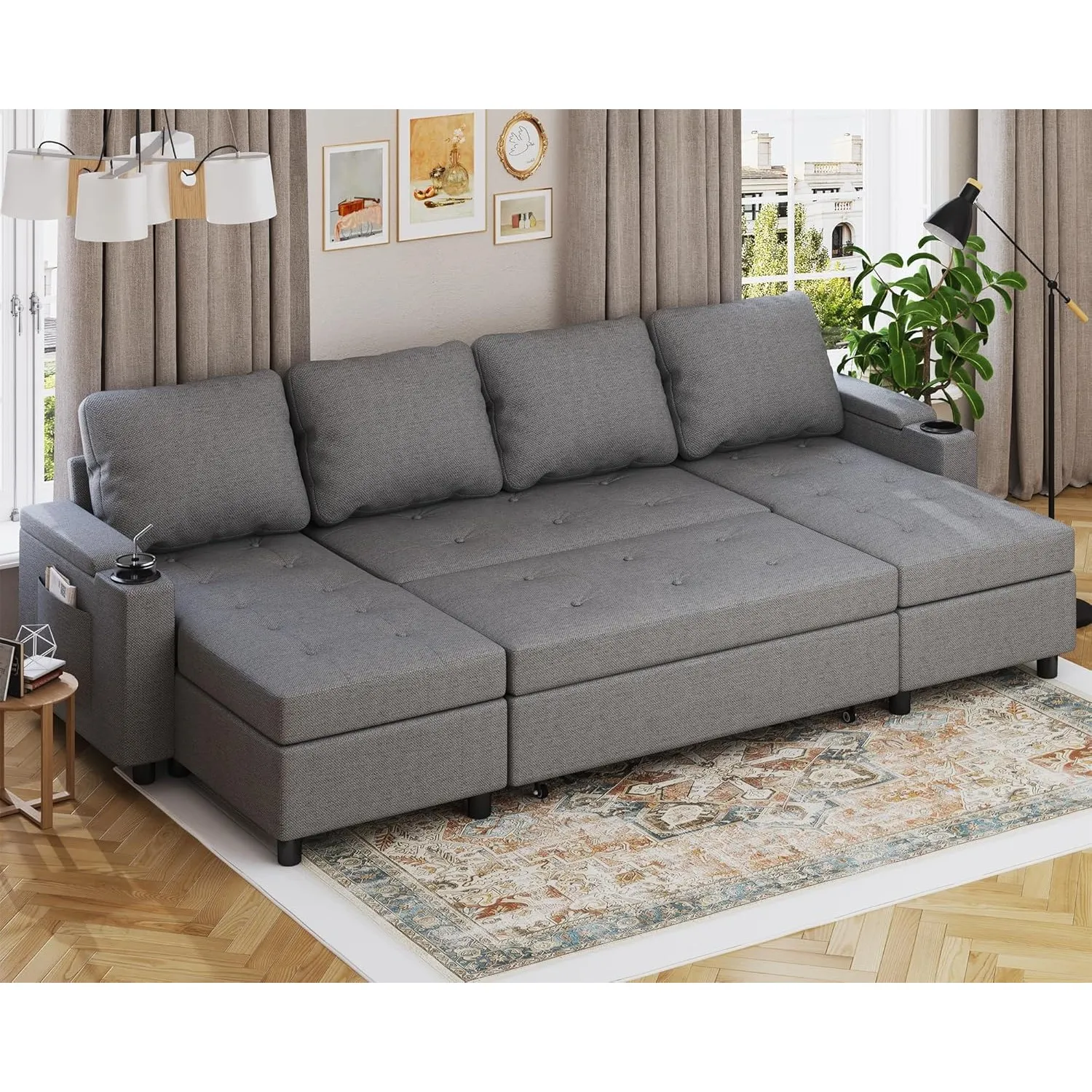 Devoko Ecksofa mit Schlaffunktion und Bettkasten U-Form Sofa 4-Sitzer Ausziehbares Schlafsofa Leinen Couch Kleines Schl…