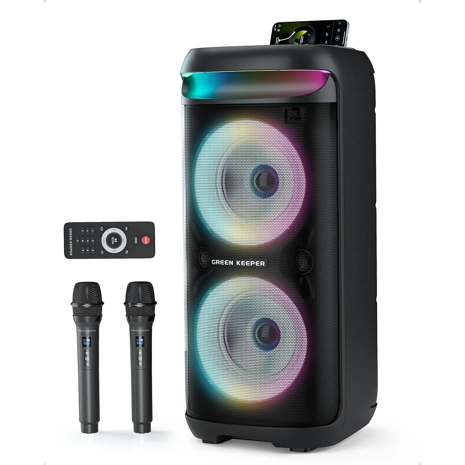 GKD60 Karaoke Maschine, 500W Bluetooth Lautsprecher mit 2 Mikrofonen, LED