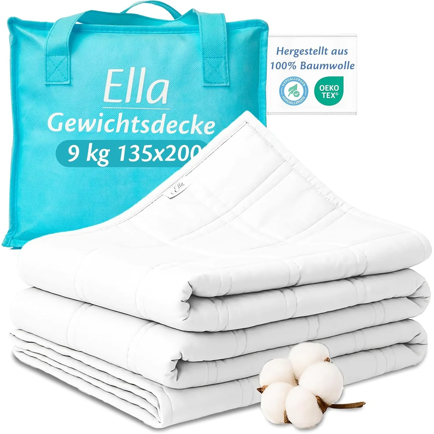 Ella Gewichtsdecke 135x200 9kg - Anti Stress Therapiedecke - Schwere Decke aus 100% Baumwolle - Bettdecke für tiefen Sc…