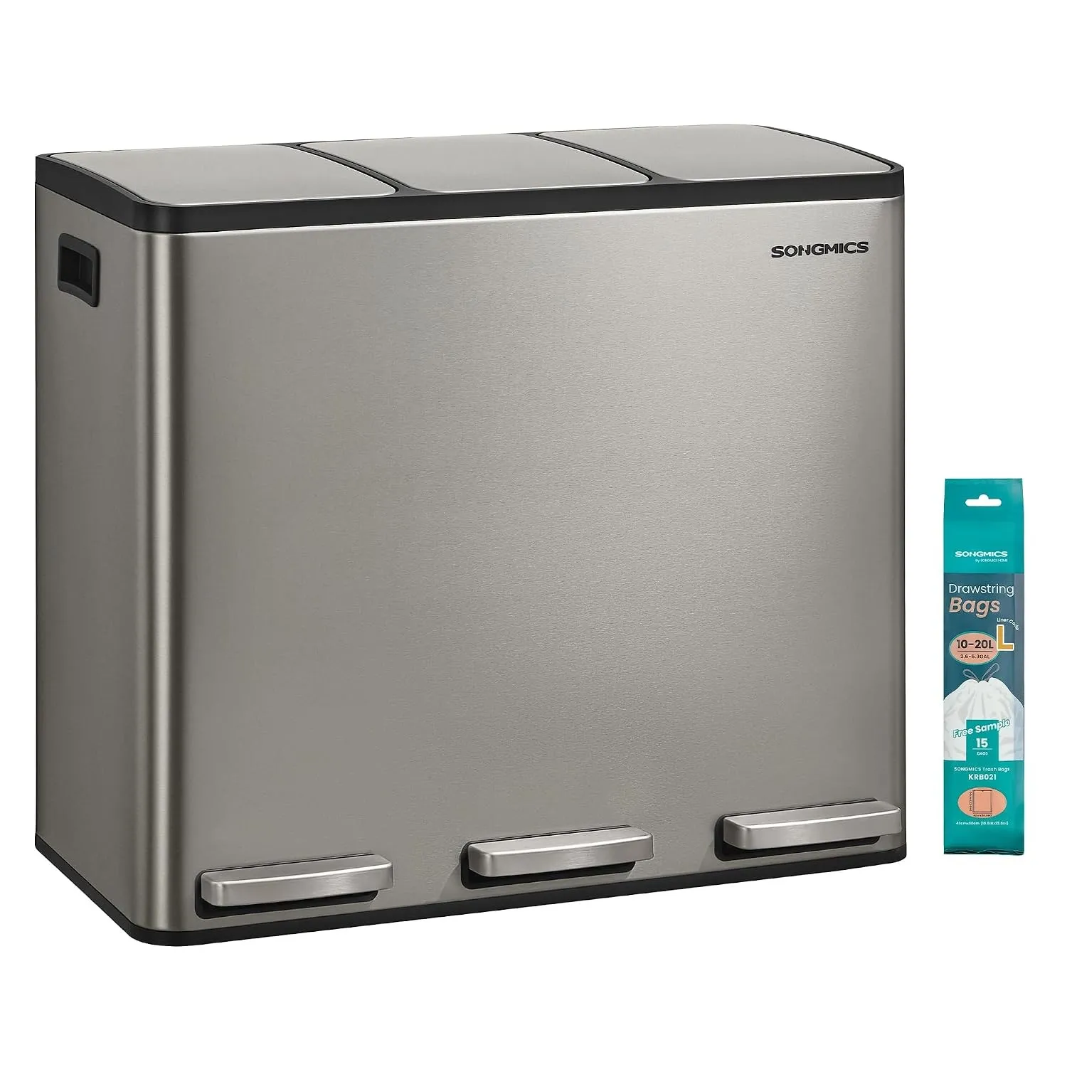 SONGMICS Mülleimer Küche, 3 x 18 L, 3 Fächer, Edelstahl, Softclose-Deckel