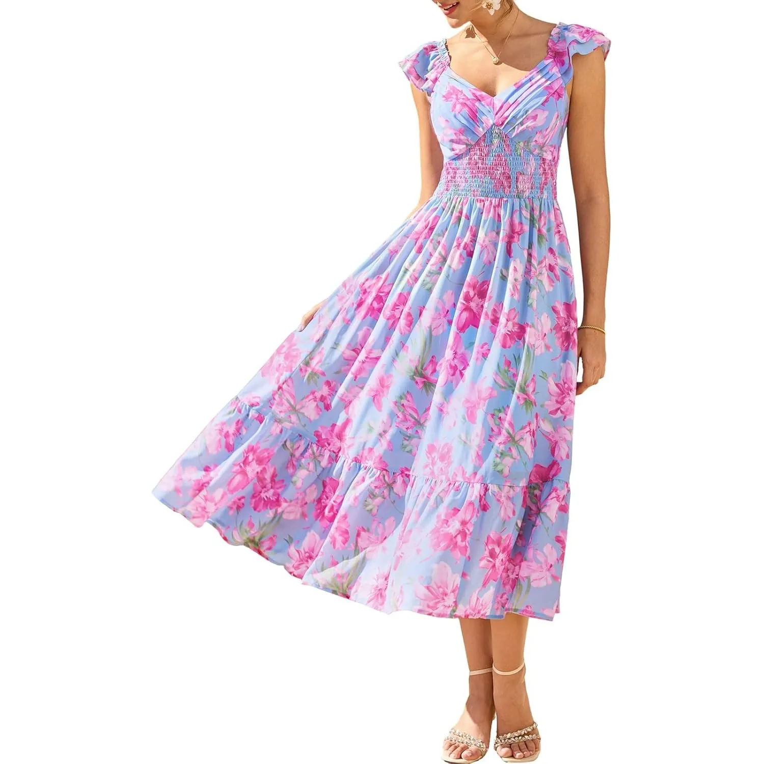 GRACE KARIN A-Linien Blumen Kleider Damen mit Tasche Sommerkleid Leicht | Chiffon Kleid·Blumen Maxikleid·Kleid Hochzeit…