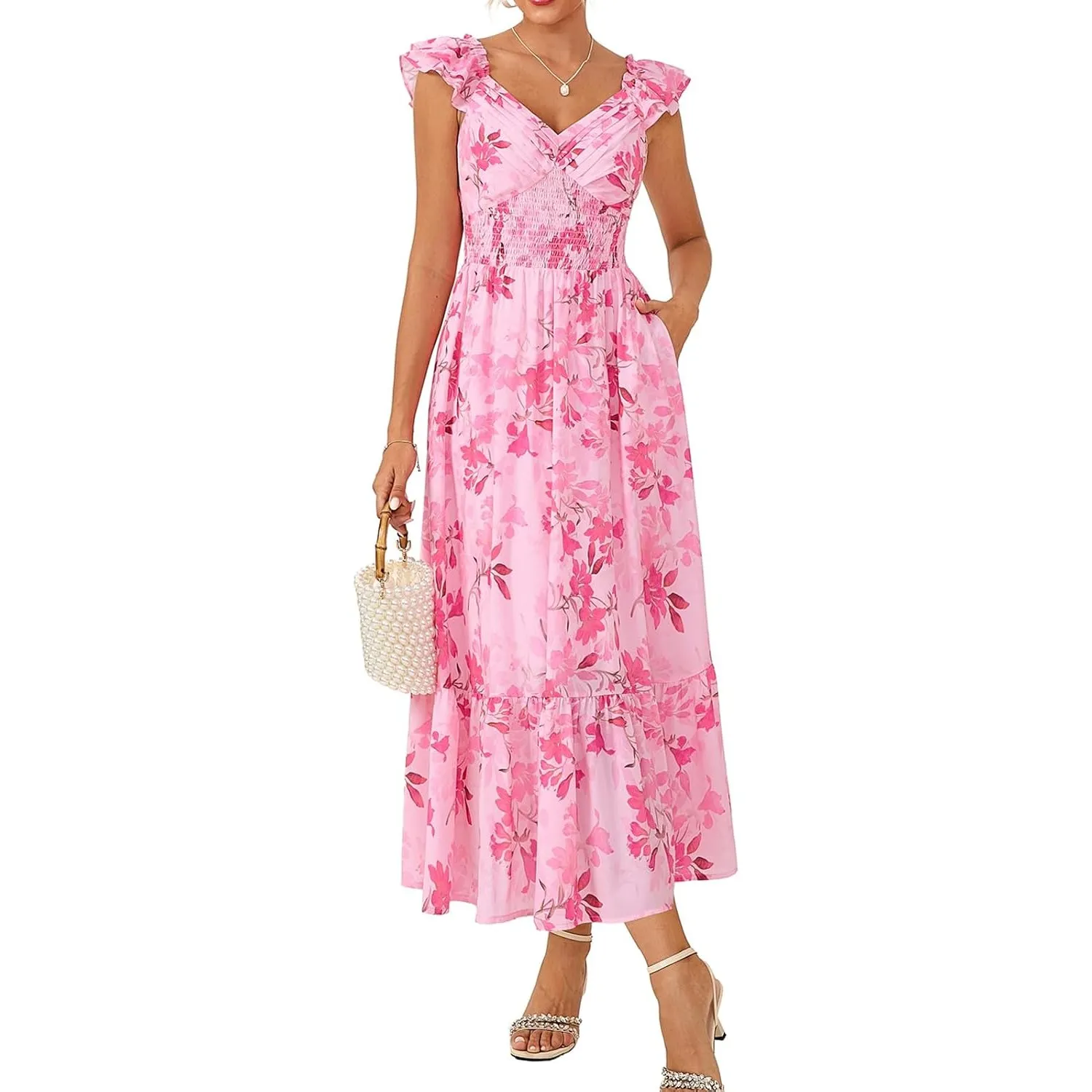 GRACE KARIN A-Linien Blumen Kleider Damen mit Tasche Sommerkleid Leicht | Chiffon Kleid·Blumen Maxikleid·Kleid Hochzeit…