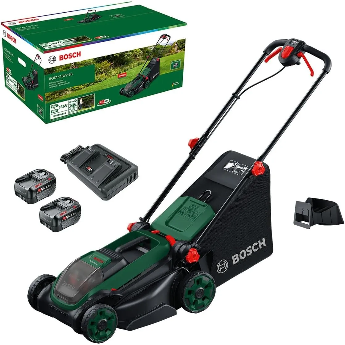 Bosch Akku-Rasenmäher ROTAK18V2-38 (Schnittbreite: 38 cm, Schnitthöhe: 30-75 mm, 40 l Stoff-Grasfangkorb, Mulchstopfen,…