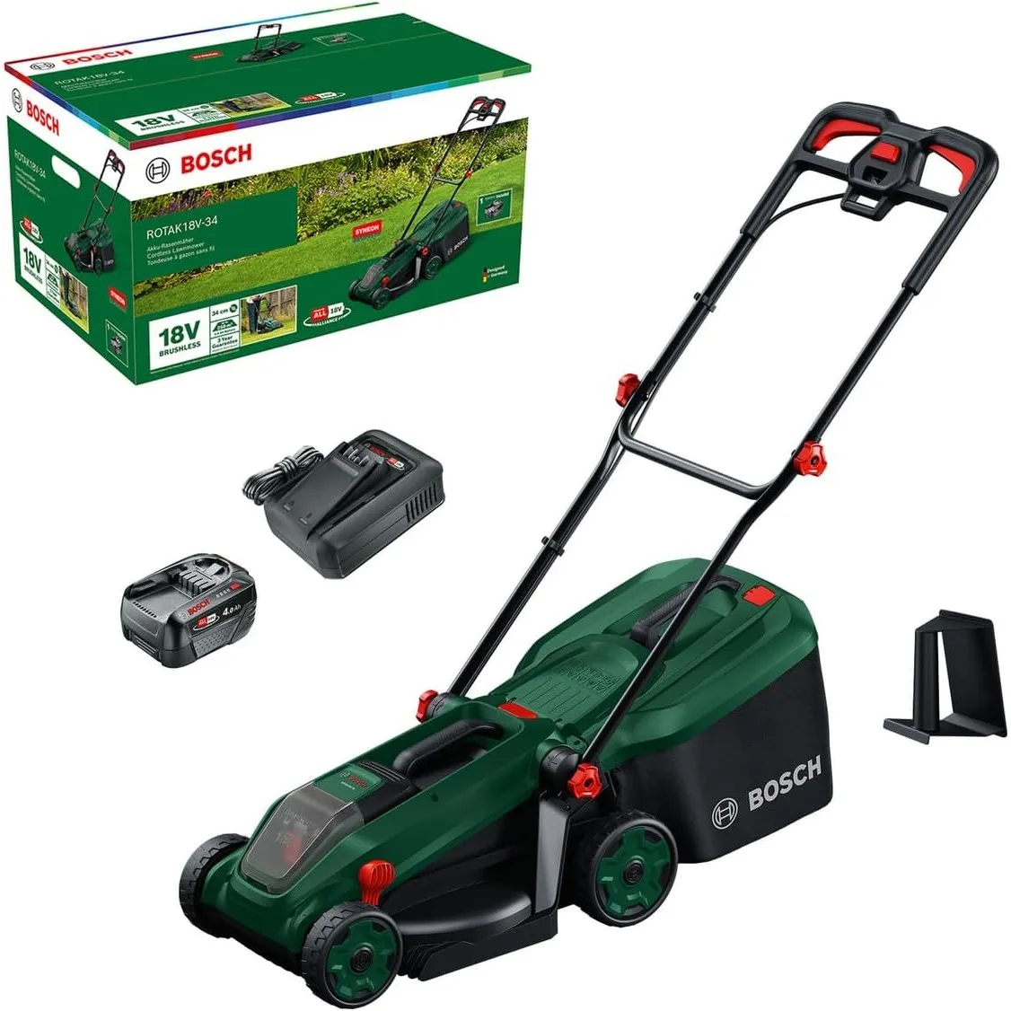 Bosch Akku-Rasenmäher ROTAK18V-34 (Schnittbreite: 34 cm, Schnitthöhe: 25-65 mm, 35 l Stoff-Grasfangkorb, Mulchstopfen, …
