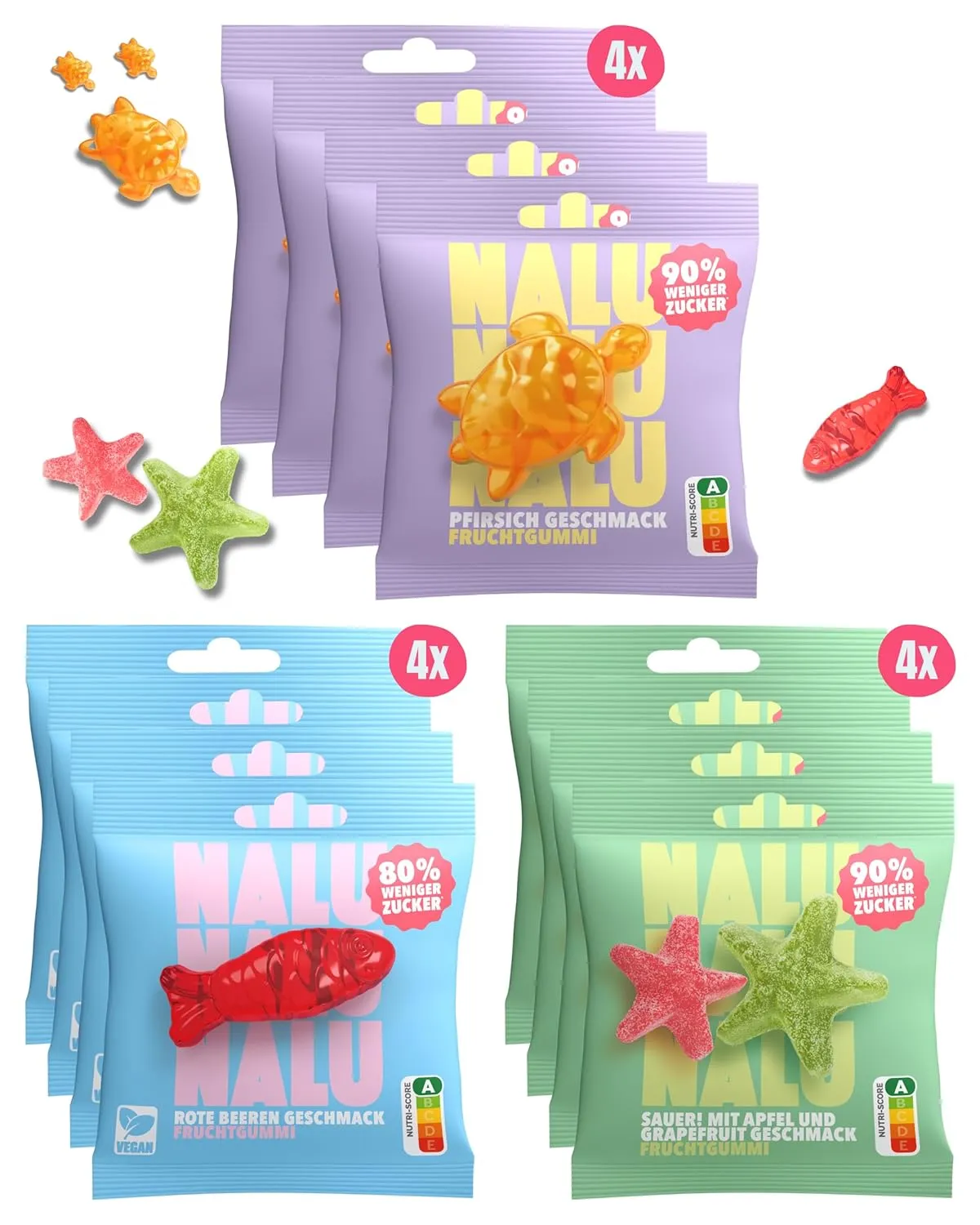 NALU Fruchtgummis Probierpaket (12x50g) | bis 90% weniger Zucker als herkömmliche Fruchtgummi | Low Carb Gummibärchen o…