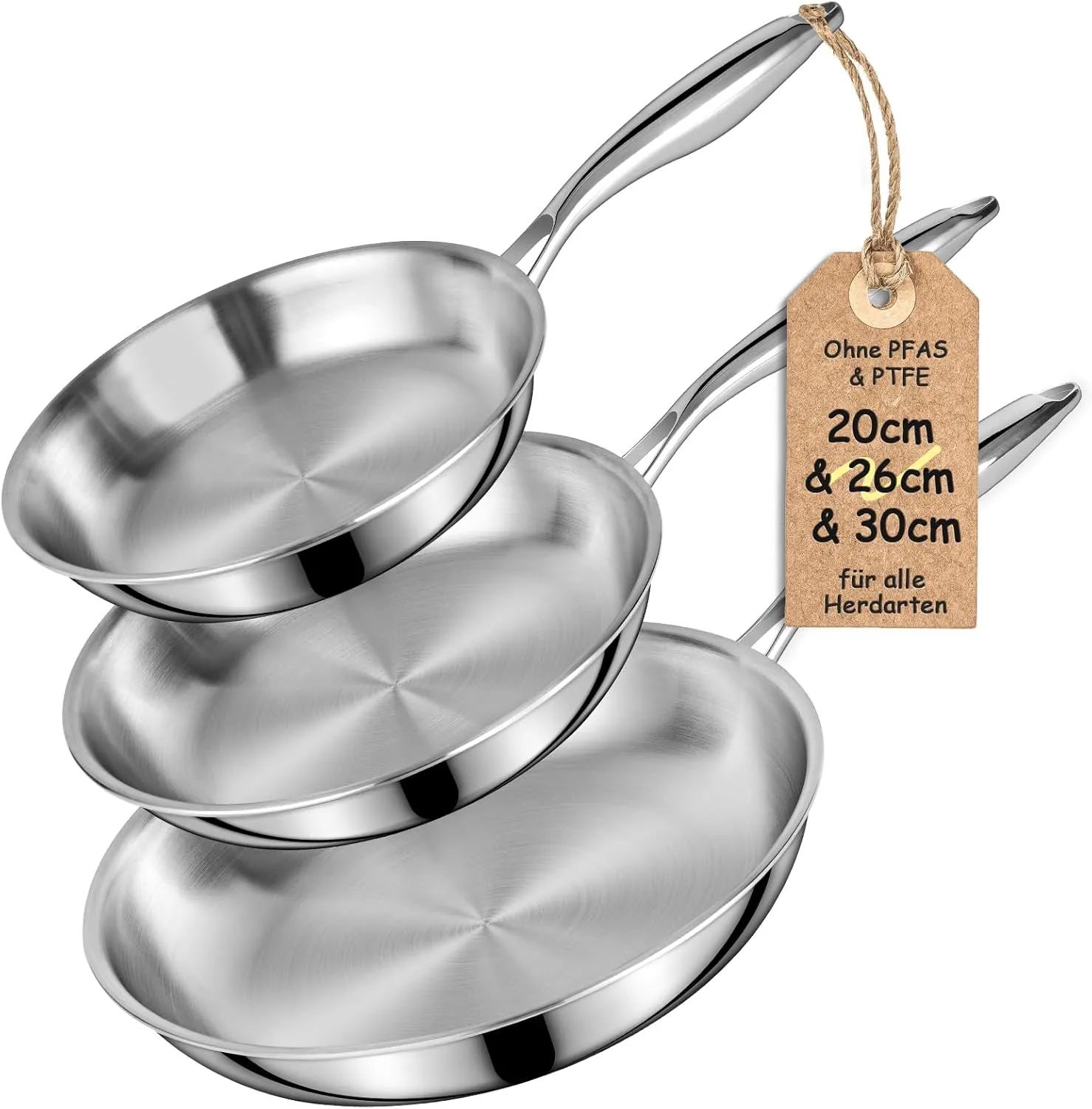 Terlulu Dreilagige Edelstahl-Bratpfannen-Set 20/26/30 cm – Edelstahlpfanne unbeschichtet & Induktionspfanne, PTFE/PFAS/…