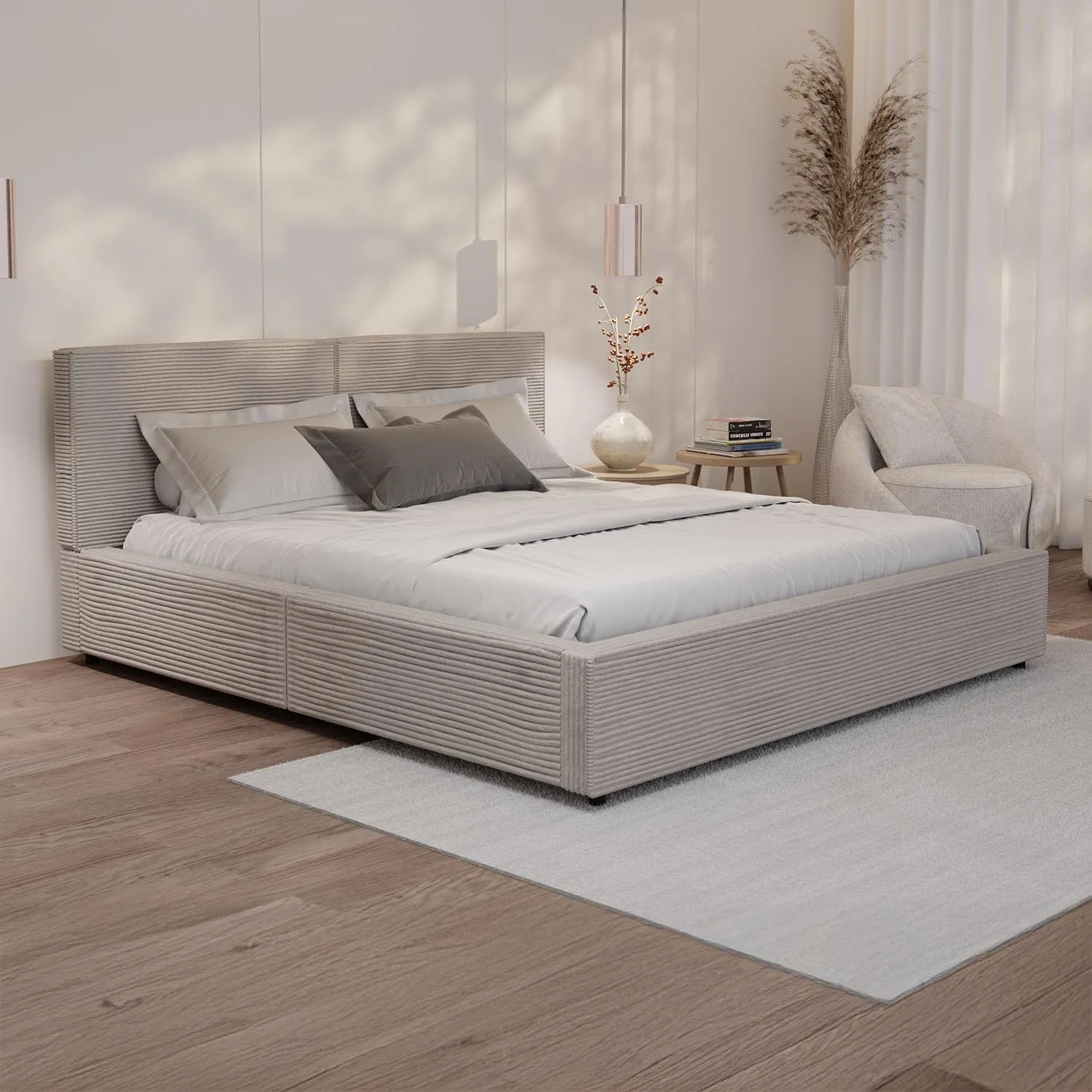 Juskys Polsterbett Salerno 180 x 200 cm – Cord Taupe, modernes Bett mit Kopf- & Fußteil, stabilem Holz- & Metallrahmen,…