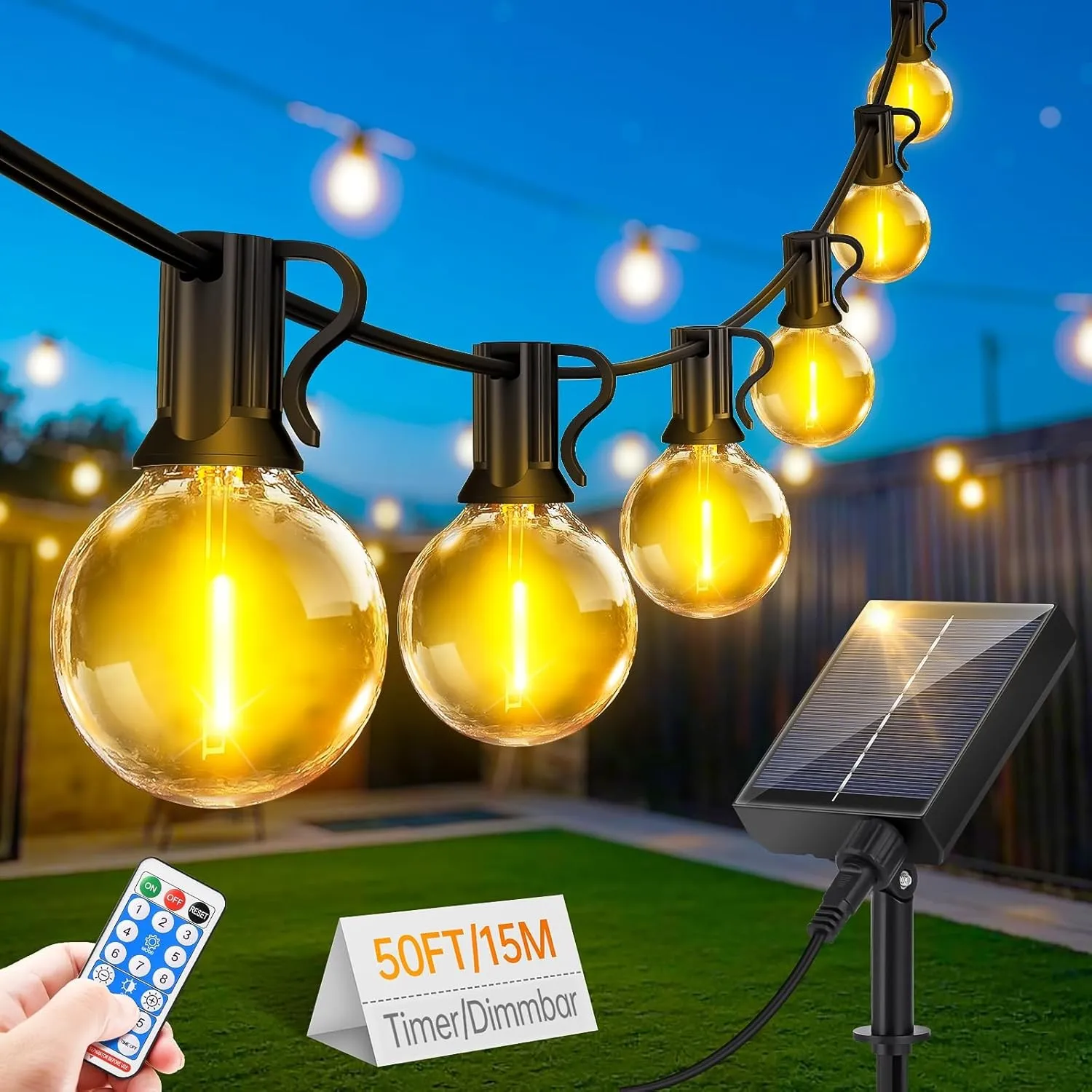 Solar Lichterkette Außen Wasserfest 15M - LED Dimmbar mit Fernbedienung | LED Solarlichterkette Außen 20+1 G40 Wasserdi…