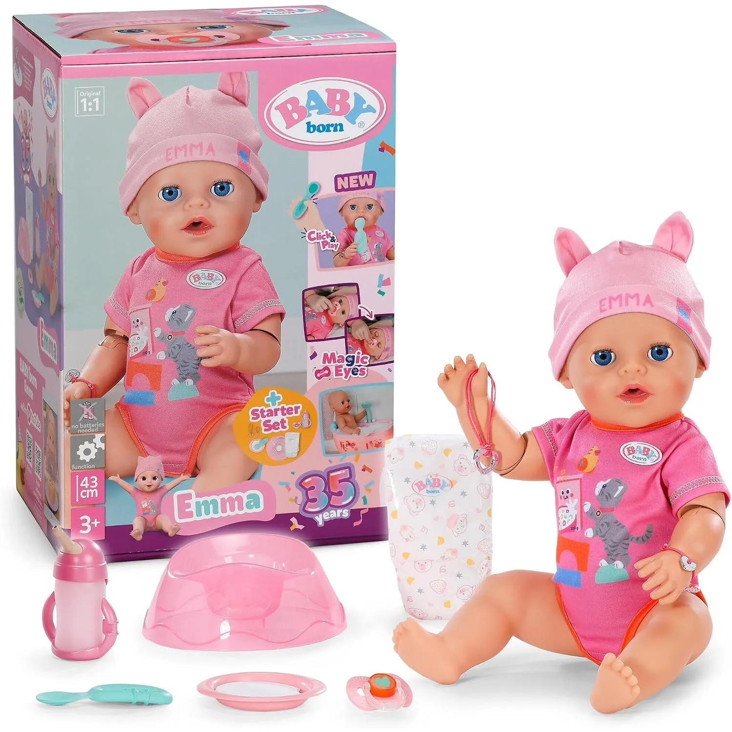 BABY Born Emma 43 cm Babypuppe mit Click & Play, 10 Funktionen