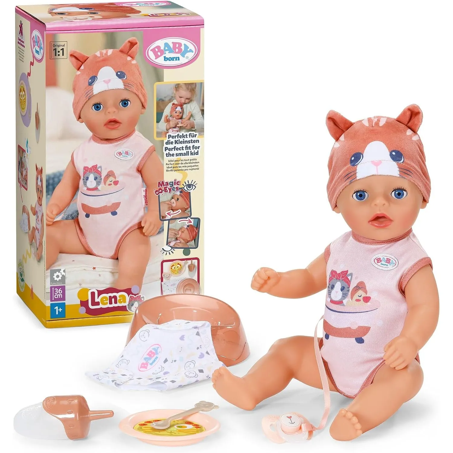 BABY Born Lena 36 cm Babypuppe im Katzen-Strampler mit 7 Funktionen