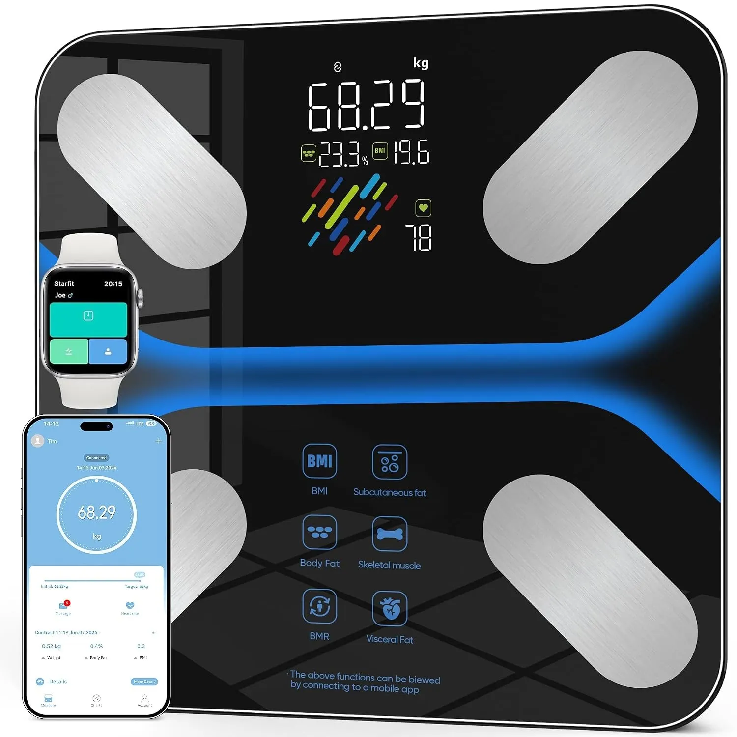 Körperfettwaage Personenwaage Digital mit Großem Display, 22 Körperanalysewerte, 4 Elektroden, Bluetooth App, BMI & Mus…