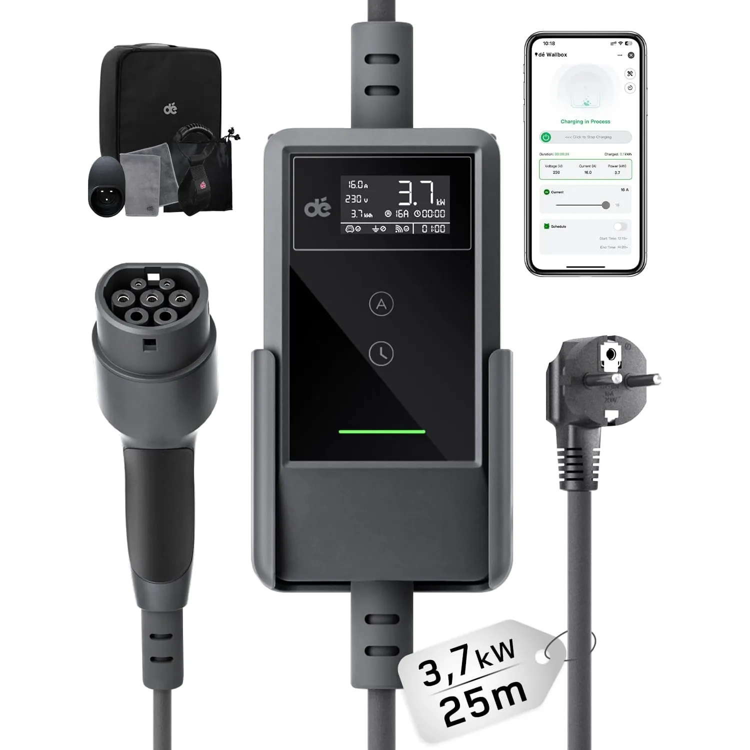 dé Typ 2 Ladekabel Schuko mit APP 3,7kW [25m, 6-16A, 1-phasig] Ladekabel Typ 2 Schuko mit Fernsteuerbarer Leistung - EV…