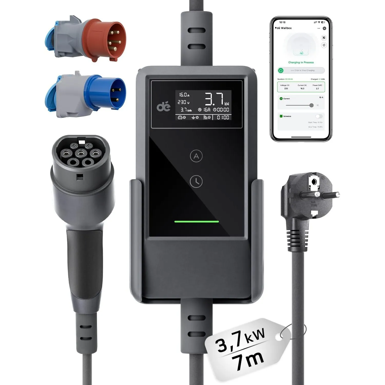 dé Typ 2 Ladekabel Schuko mit APP 3,7kW [7m, 6-16A, 1-phasig] Ladekabel Typ 2 Schuko sowie Adapter Set mit Digitalem LC…